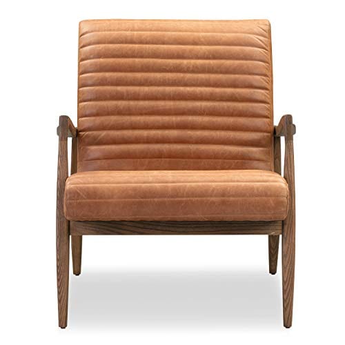 Cognac Tan Full-Grain Pure-Aniline Italian Leather Lounge Chair - Modern Luxury with Ribbed Seat Texture