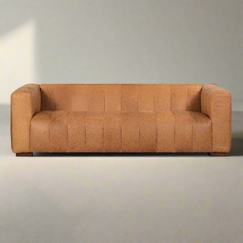 Cognac Tan Full-Grain Pure-Aniline Italian Leather Sofa - Channel Tufted Style