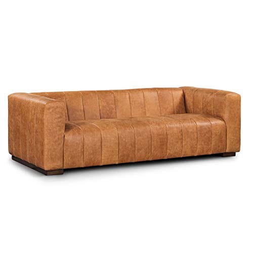 Cognac Tan Full-Grain Pure-Aniline Italian Leather Sofa - Channel Tufted Style