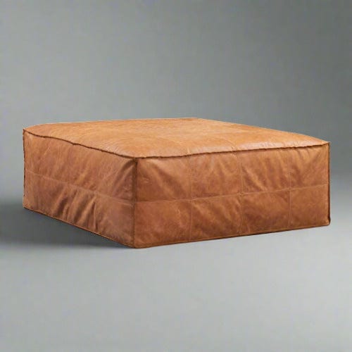 Cognac Tan Full-Grain Pure-Aniline Italian Leather Square Ottoman - Rugged Luxury and Cozy Comfort