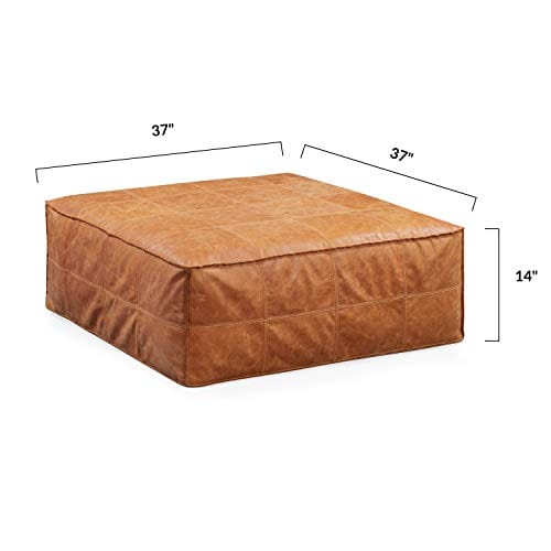 Cognac Tan Full-Grain Pure-Aniline Italian Leather Square Ottoman - Rugged Luxury and Cozy Comfort