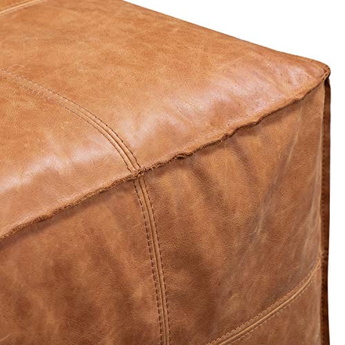 Cognac Tan Full-Grain Pure-Aniline Italian Leather Square Ottoman - Rugged Luxury and Cozy Comfort