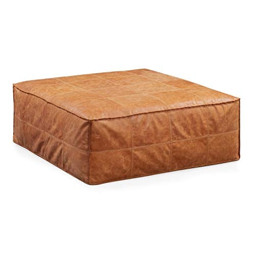 Cognac Tan Full-Grain Pure-Aniline Italian Leather Square Ottoman - Rugged Luxury and Cozy Comfort