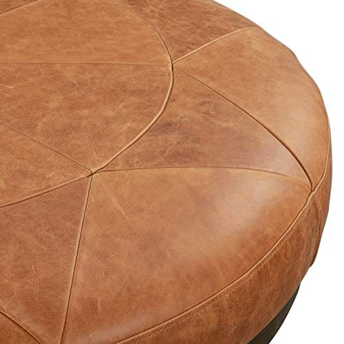 Cognac Tan Leather Showcase Ottoman with Seamed Geometric Design