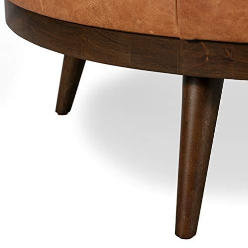 Cognac Tan Leather Showcase Ottoman with Seamed Geometric Design