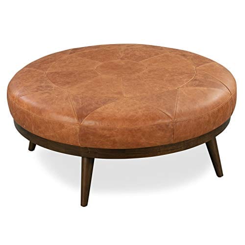 Cognac Tan Leather Showcase Ottoman with Seamed Geometric Design