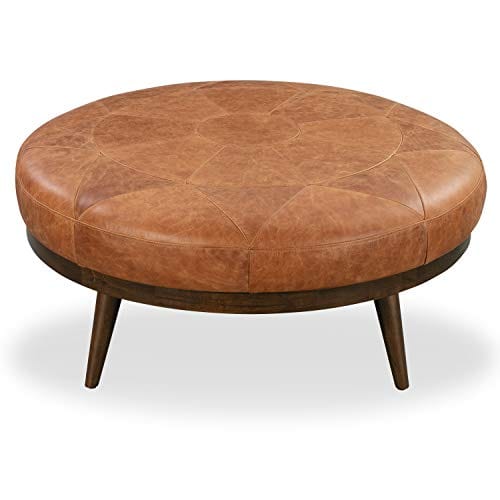 Cognac Tan Leather Showcase Ottoman with Seamed Geometric Design