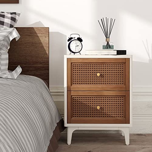 Distressed White Nightstand with Woven Cane Front - Accent Table for Living Room, Bedroom, Fully Assembled