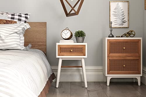 Distressed White Nightstand with Woven Cane Front - Accent Table for Living Room, Bedroom, Fully Assembled