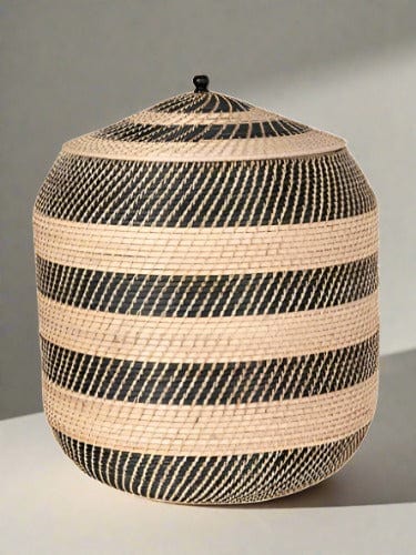 Extra-Large Rattan Belly Woven Basket - Natural and Black Striped Design - Versatile Storage Solution - 22" Diameter