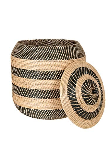 Extra-Large Rattan Belly Woven Basket - Natural and Black Striped Design - Versatile Storage Solution - 22" Diameter