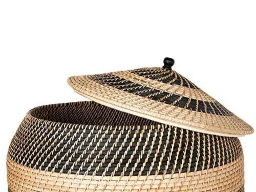 Extra-Large Rattan Belly Woven Basket - Natural and Black Striped Design - Versatile Storage Solution - 22" Diameter