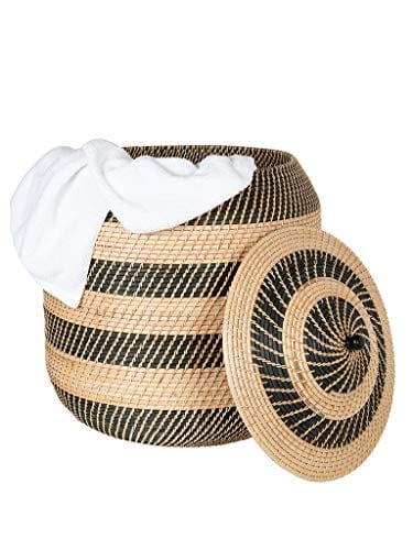 Extra-Large Rattan Belly Woven Basket - Natural and Black Striped Design - Versatile Storage Solution - 22" Diameter