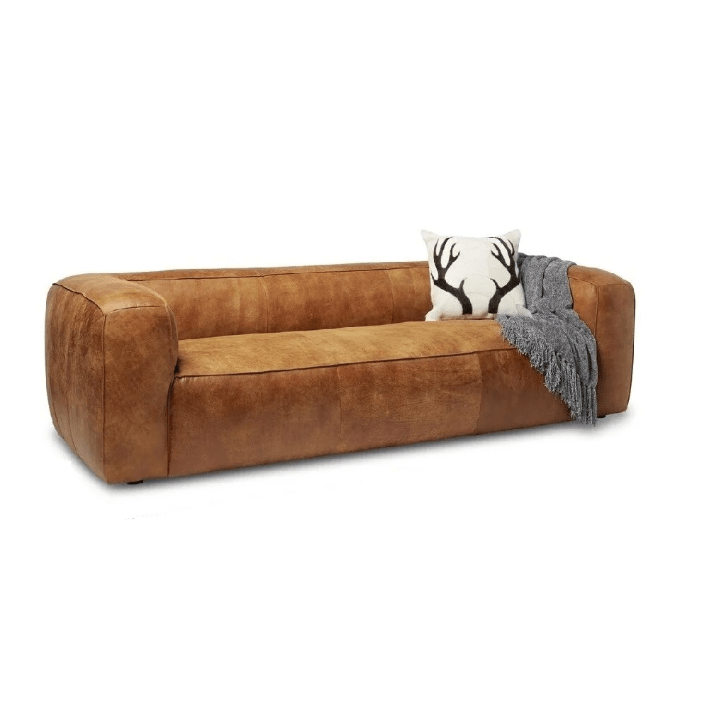 Fluffy Outback Bridle Italian Leather Sofa - Bohemian Style, High-Density Foam, Seats 3, 96-Inch Wide