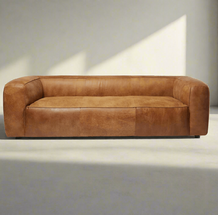 Fluffy Outback Bridle Italian Leather Sofa - Bohemian Style, High-Density Foam, Seats 3, 96-Inch Wide