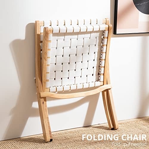 Folding Woven Leather Accent Chairs - Boho Modern Lounge Chair with Natural Wood - White Leather, Rattan-Inspired Low Chair for Living Room, Bedroom, Patio, Balcony