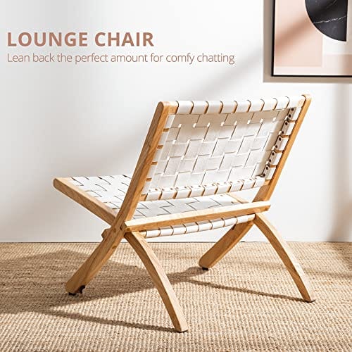 Folding Woven Leather Accent Chairs - Boho Modern Lounge Chair with Natural Wood - White Leather, Rattan-Inspired Low Chair for Living Room, Bedroom, Patio, Balcony