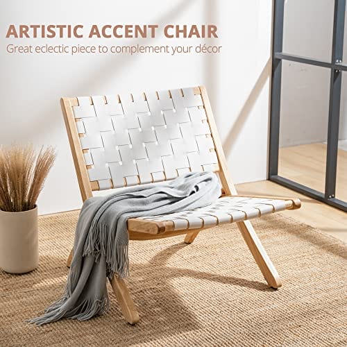 Folding Woven Leather Accent Chairs - Boho Modern Lounge Chair with Natural Wood - White Leather, Rattan-Inspired Low Chair for Living Room, Bedroom, Patio, Balcony