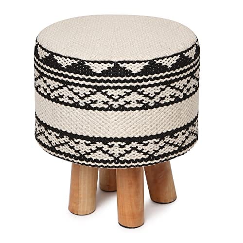 Foot Stool -Handmade Wooden 4 Legs Tufted Seat Footrest for Living Room, Bedroom, Nursery, kidsroom, Patio, Gym; 100% Cotton (16"x14"x14"; Zigguarat Natural)