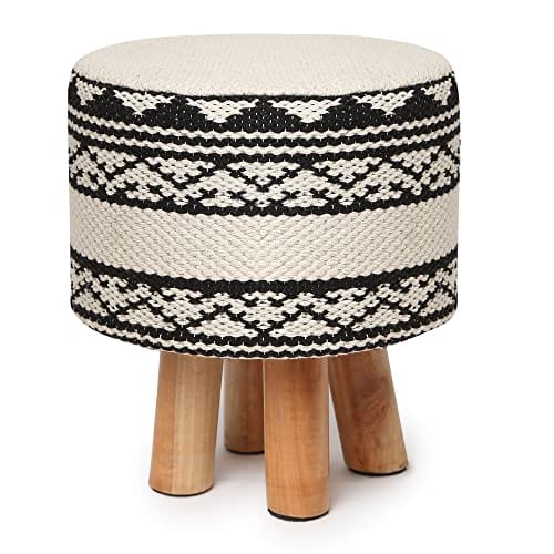 Foot Stool -Handmade Wooden 4 Legs Tufted Seat Footrest for Living Room, Bedroom, Nursery, kidsroom, Patio, Gym; 100% Cotton (16"x14"x14"; Zigguarat Natural)