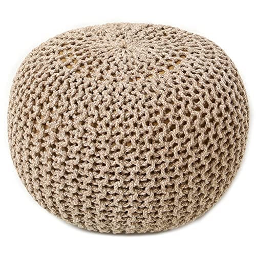Hand Knitted Beige Ivory Circular Pouf Ottoman - Boho Home Décor Pouffe for Living Room, Nursery, Lounge - 100% Cotton, 19" x 19" x 14"