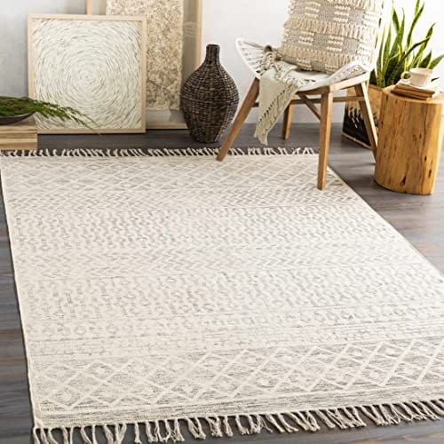 Hand Woven Entryway Rug - Moroccan Boho Style - 100% Cotton - Transitional, Handmade - Beige, Gray, Cream - 9' x 12'