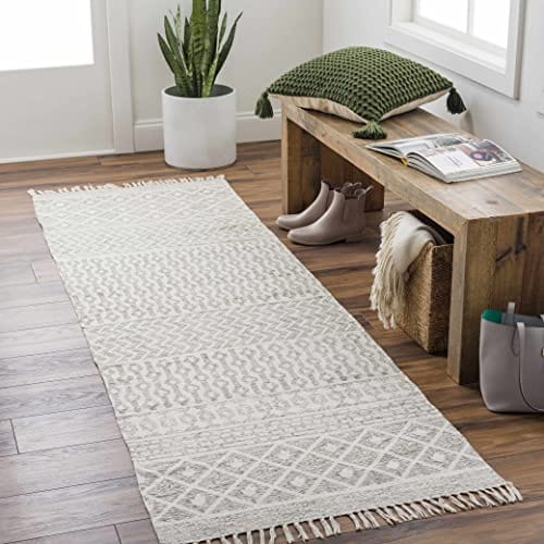 Hand Woven Entryway Rug - Moroccan Boho Style - 100% Cotton - Transitional, Handmade - Beige, Gray, Cream - 9' x 12'