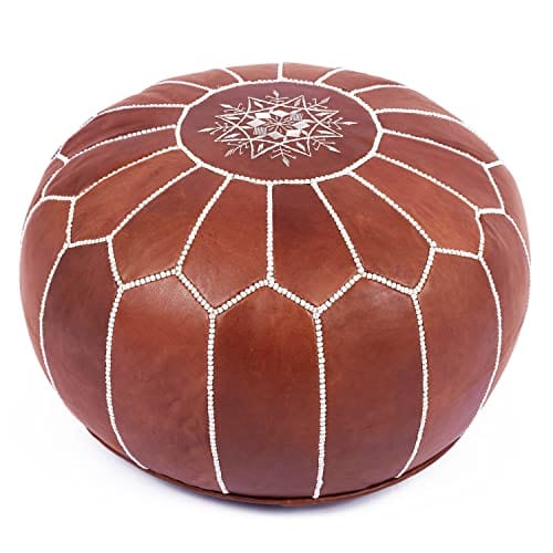 Handcrafted Moroccan Leather Ottoman Pouf Cover | Dark Tan | Authentic Embroidery | Sustainably Sourced