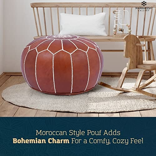 Handcrafted Moroccan Leather Ottoman Pouf Cover | Dark Tan | Authentic Embroidery | Sustainably Sourced