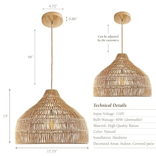 Handcrafted Rattan Pendant Light - Boho Lampshade for Natural Ambiance in Living Rooms, Bedrooms, and Patios - Dreamy 15*17.5