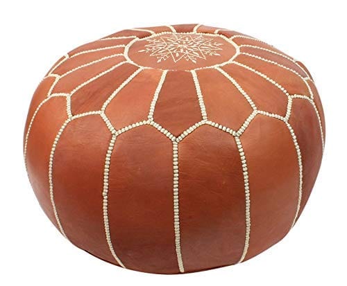 Handmade Boho Tan Leather Ottoman Pouf - 100% Authentic Goatskin Leather with Exquisite Embroidery - Unstuffed