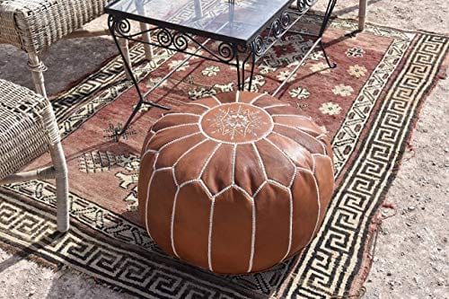 Handmade Boho Tan Leather Ottoman Pouf - 100% Authentic Goatskin Leather with Exquisite Embroidery - Unstuffed