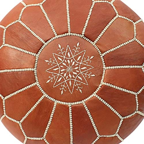 Handmade Boho Tan Leather Ottoman Pouf - 100% Authentic Goatskin Leather with Exquisite Embroidery - Unstuffed