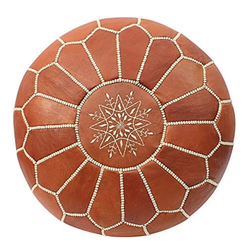 Handmade Boho Tan Leather Ottoman Pouf - 100% Authentic Goatskin Leather with Exquisite Embroidery - Unstuffed