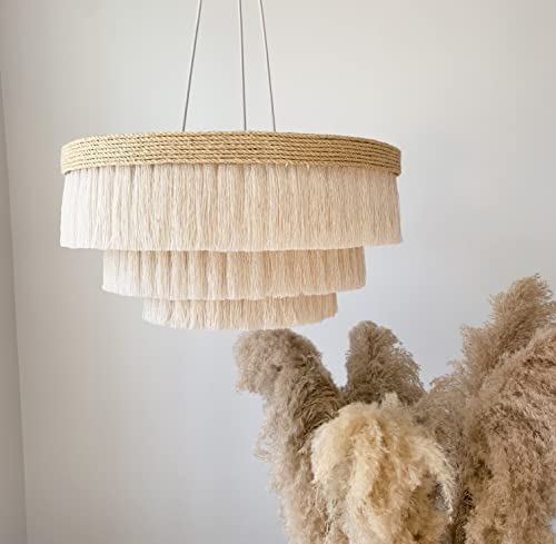 Handmade Creamy White/Ivory Cotton and Sisal Chandelier - Handmade, Sturdy Metal Frame - 23 x 12 Inches