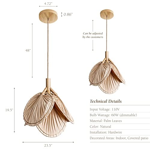 Handmade Rattan Pendant Light - Unique Boho Lampshade for Natural Ambiance in Living Rooms, Bedrooms, and Patios - Remi Dated 19.5*23.5