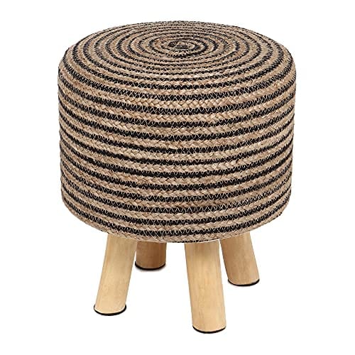 Handmade Wooden Foot Stool - Tufted Seat, 50% Jute 50% Cotton, Twined Natural Black - for Living Room, Bedroom, Nursery, and More