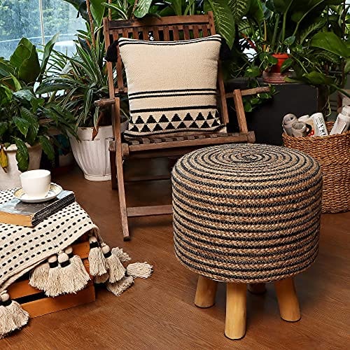 Handmade Wooden Foot Stool - Tufted Seat, 50% Jute 50% Cotton, Twined Natural Black - for Living Room, Bedroom, Nursery, and More