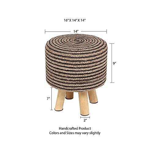 Handmade Wooden Foot Stool - Tufted Seat, 50% Jute 50% Cotton, Twined Natural Black - for Living Room, Bedroom, Nursery, and More