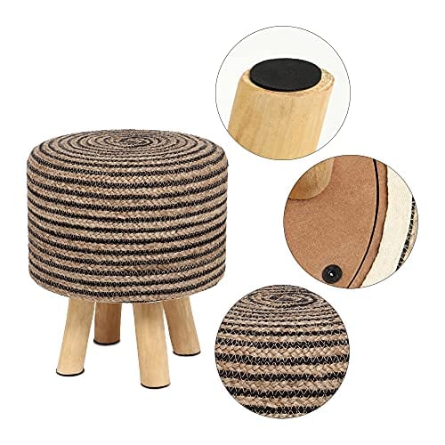 Handmade Wooden Foot Stool - Tufted Seat, 50% Jute 50% Cotton, Twined Natural Black - for Living Room, Bedroom, Nursery, and More