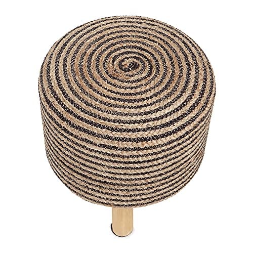 Handmade Wooden Foot Stool - Tufted Seat, 50% Jute 50% Cotton, Twined Natural Black - for Living Room, Bedroom, Nursery, and More