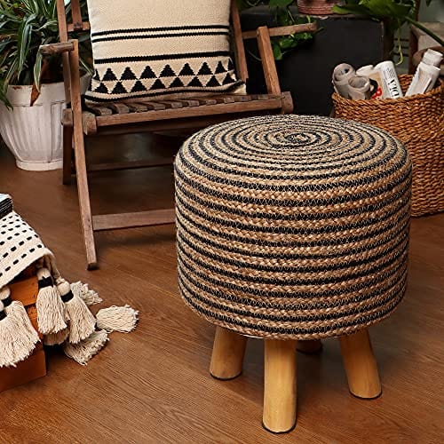 Handmade Wooden Foot Stool - Tufted Seat, 50% Jute 50% Cotton, Twined Natural Black - for Living Room, Bedroom, Nursery, and More