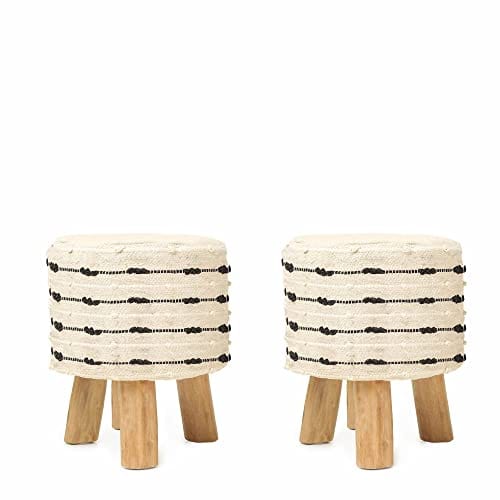 Handmade Wooden Foot Stool with Eucalyptus Wood Legs - Set of 2 - 100% Cotton Tufted Seat - Circular Boho Footrest for Living Room, Bedroom, Nursery, Patio, Gym - 16x14x14