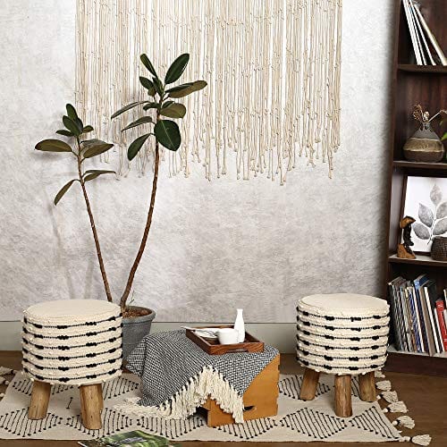 Handmade Wooden Foot Stool with Eucalyptus Wood Legs - Set of 2 - 100% Cotton Tufted Seat - Circular Boho Footrest for Living Room, Bedroom, Nursery, Patio, Gym - 16x14x14