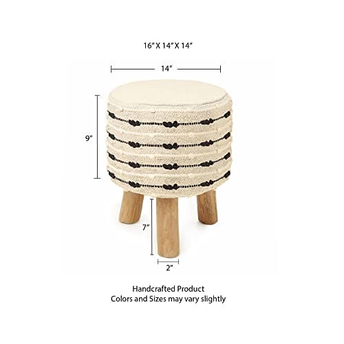 Handmade Wooden Foot Stool with Eucalyptus Wood Legs - Set of 2 - 100% Cotton Tufted Seat - Circular Boho Footrest for Living Room, Bedroom, Nursery, Patio, Gym - 16x14x14