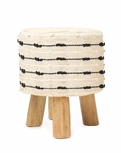 Handmade Wooden Foot Stool with Eucalyptus Wood Legs - Set of 2 - 100% Cotton Tufted Seat - Circular Boho Footrest for Living Room, Bedroom, Nursery, Patio, Gym - 16x14x14