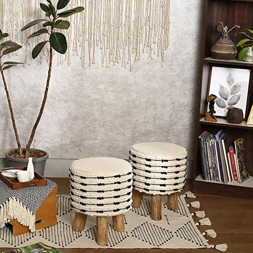 Handmade Wooden Foot Stool with Eucalyptus Wood Legs - Set of 2 - 100% Cotton Tufted Seat - Circular Boho Footrest for Living Room, Bedroom, Nursery, Patio, Gym - 16x14x14