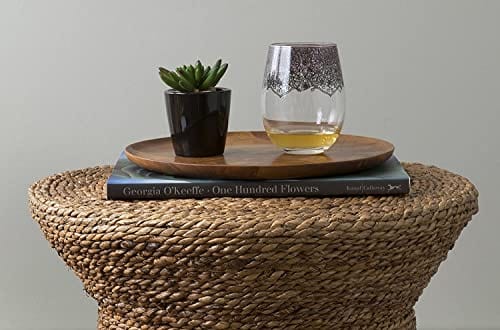 Handwoven Abaca Wooden End Table | Natural Brown | Rustic Farmhouse Accent Furniture