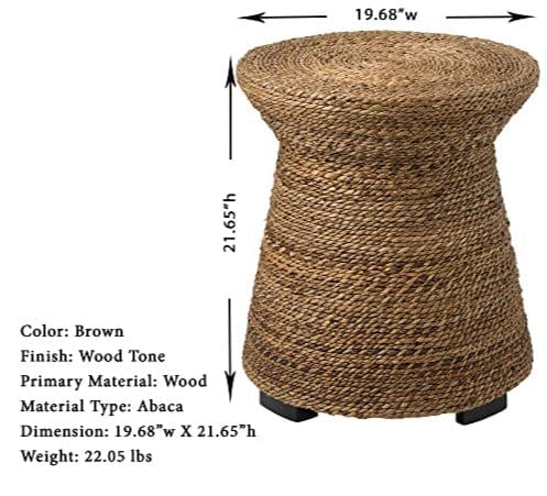 Handwoven Abaca Wooden End Table | Natural Brown | Rustic Farmhouse Accent Furniture