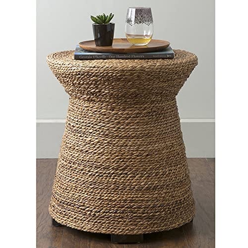 Handwoven Abaca Wooden End Table | Natural Brown | Rustic Farmhouse Accent Furniture